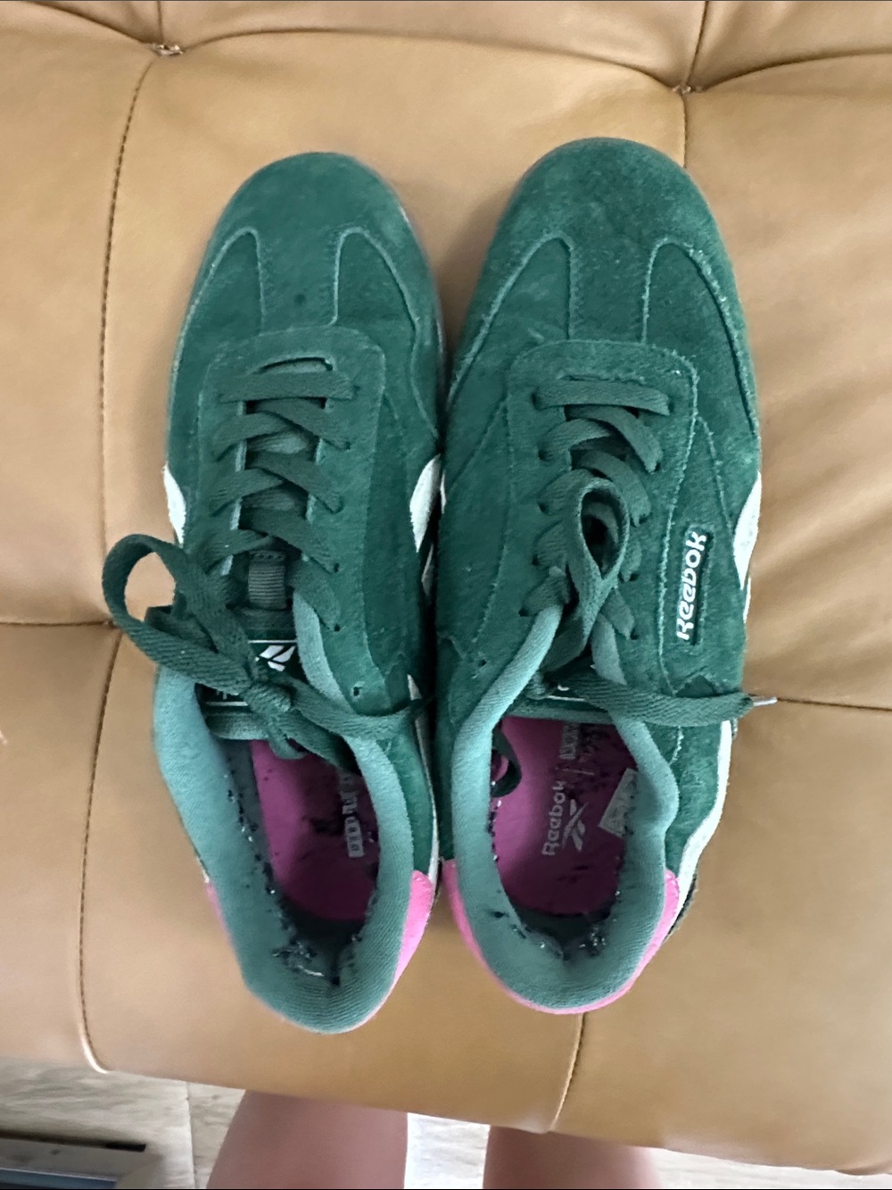 Reebok Women's Green Suede Sneakers with Pink Accents